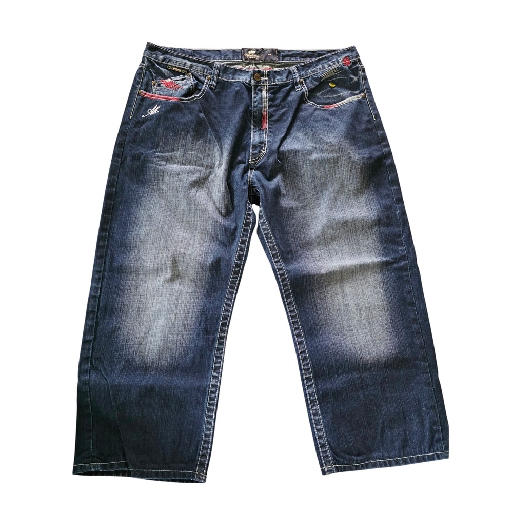 Akademiks Mens 44 Baggy Denim Jeans Blue Embroidered Y2K Hip Hop Streetwear